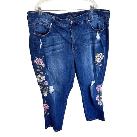 Melissa McCarthy Seven7 Womens Jeans Plus Size 26W Embroidered Distressed Denim - Picture 1 of 11